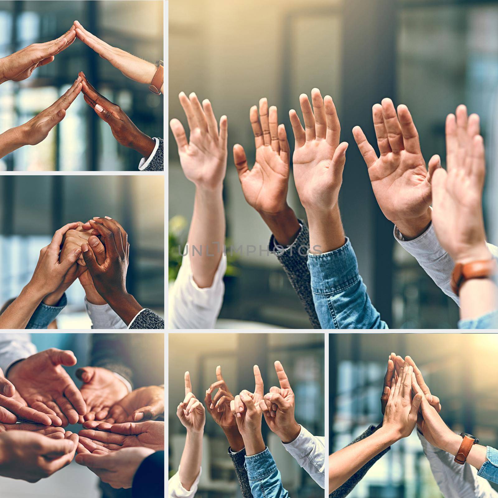 Raise your hand if youre in the best team ever. Composite shot of a group of unrecognizable people putting up their hands and using different types of gestures inside of a office. by YuriArcurs