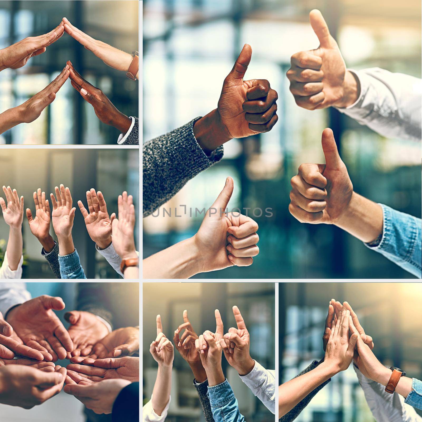 Positivity in a team makes a great team. Composite shot of a group of unrecognizable people putting up their hands and using different types of gestures inside of a office. by YuriArcurs