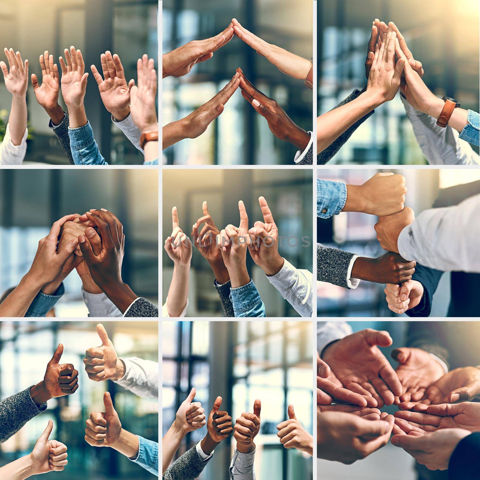 Teamwork brings one closer to success. Composite shot of a group of unrecognizable people putting up their hands and using different types of gestures inside of a office. by YuriArcurs