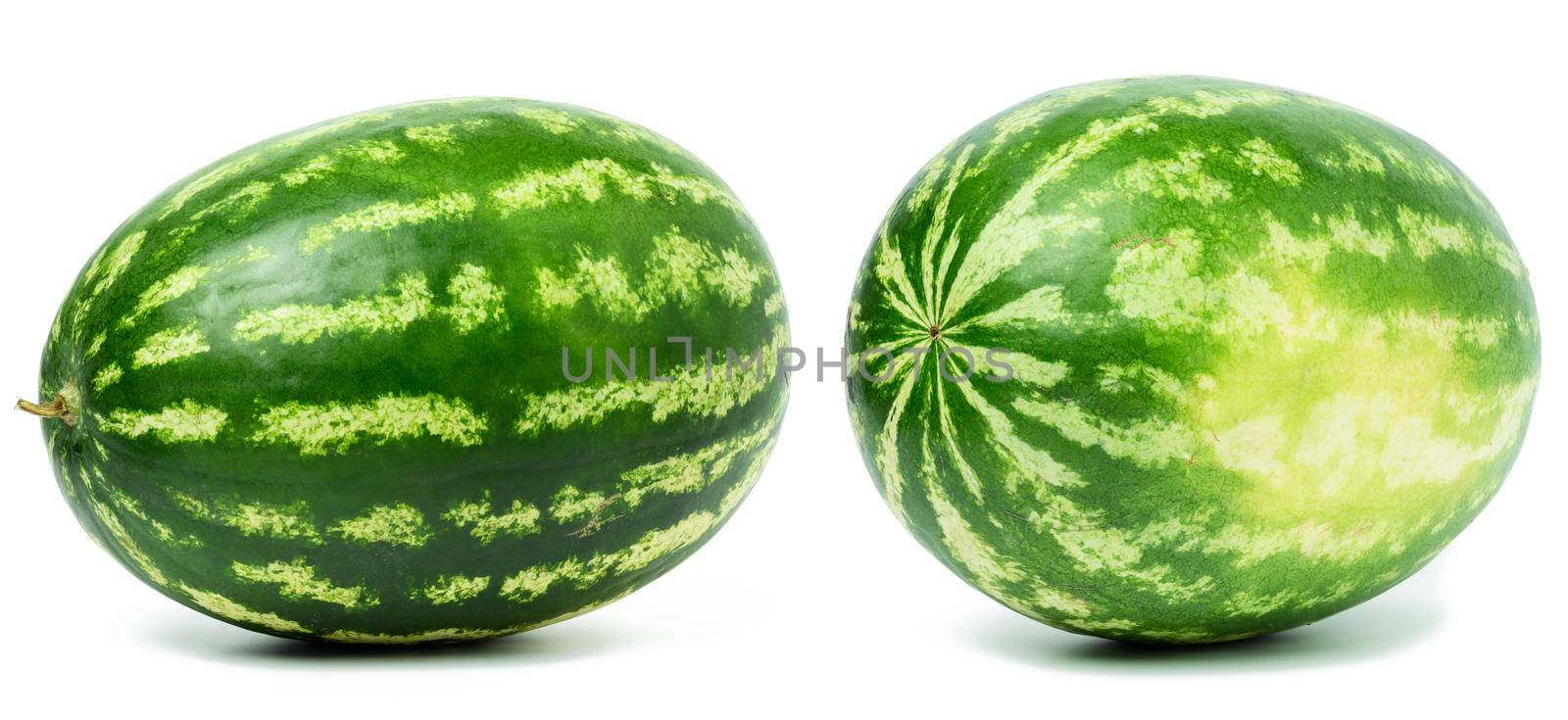 Whole ripe round striped watermelon isolated on white background, delicious summer berry. Set