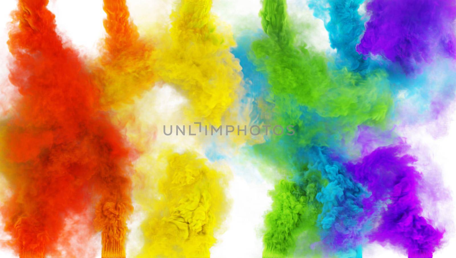 Magic smoke puffs of rainbow colors. Color 3D render abstract texture white background.