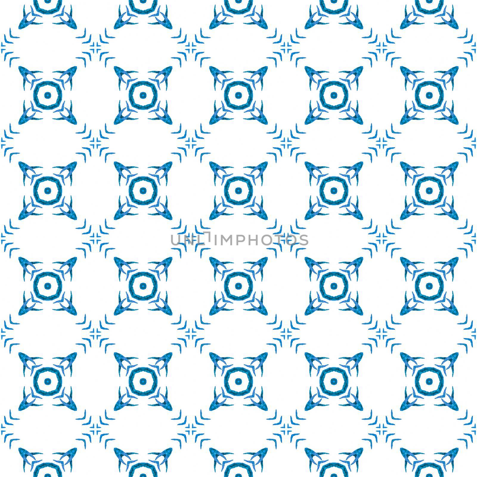 Watercolor ikat repeating tile border. Blue perfect boho chic summer design. Textile ready terrific print, swimwear fabric, wallpaper, wrapping. Ikat repeating swimwear design.