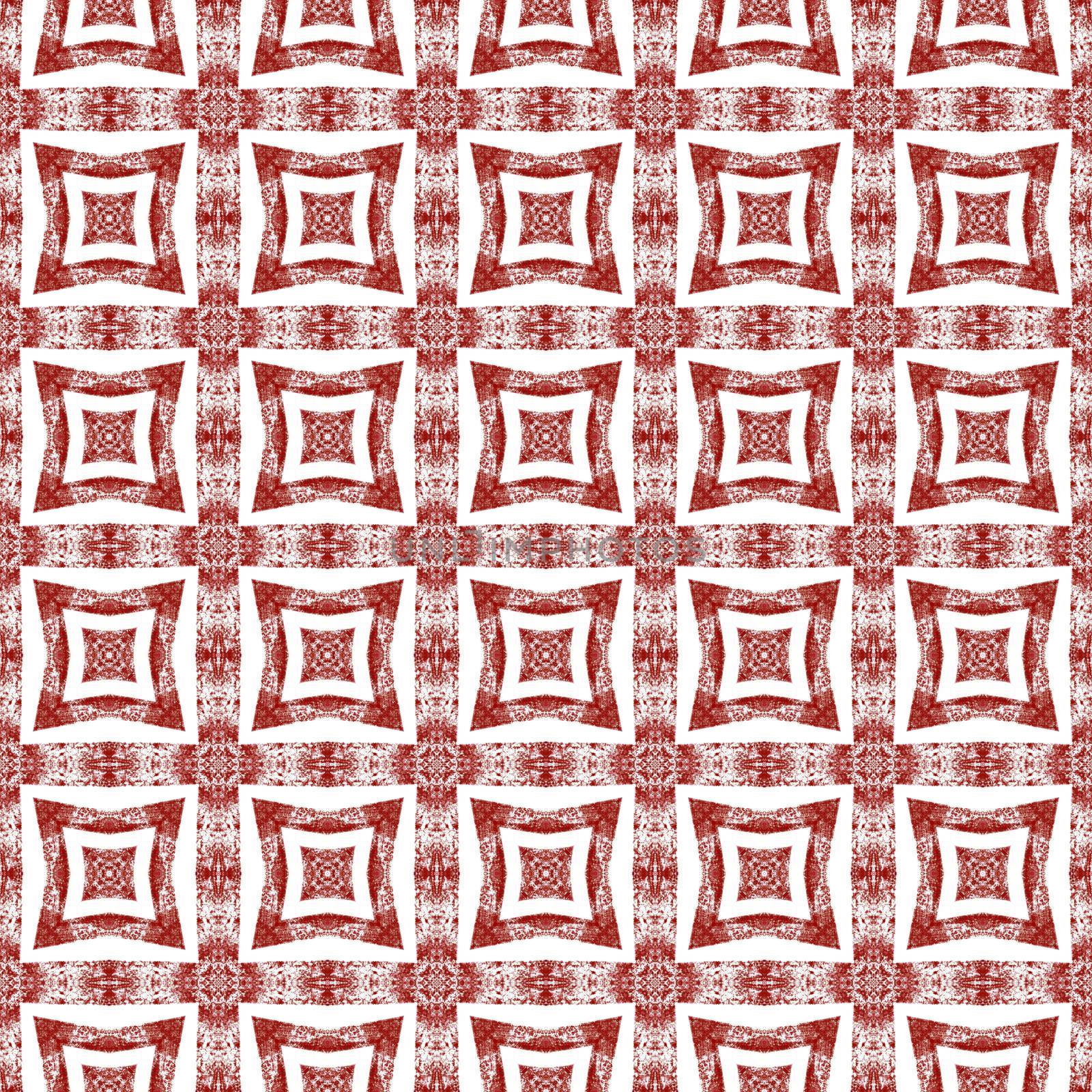Tiled watercolor pattern. Wine red symmetrical kaleidoscope background. Hand painted tiled watercolor seamless. Textile ready likable print, swimwear fabric, wallpaper, wrapping.