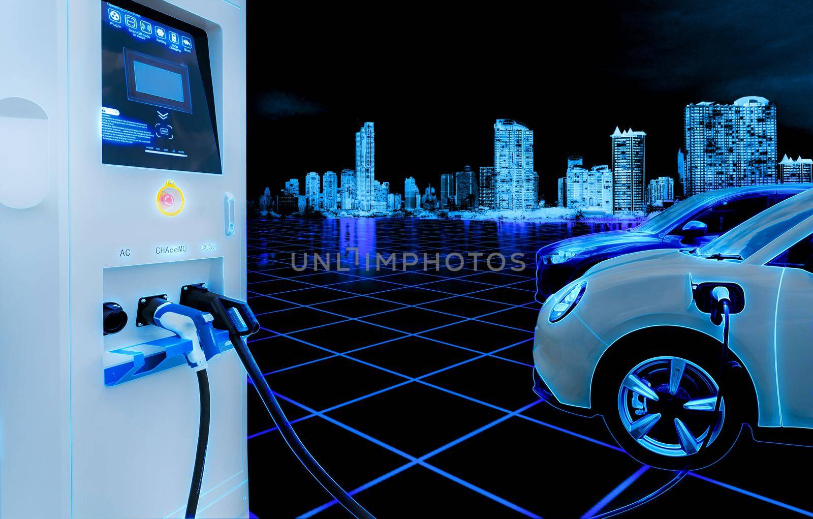 Electric car and EV car charging station with cityscape background in futuristic vehicle concept. Electric vehicle in smart city at night. EV car charging at electric vehicle charging station.  by Fahroni