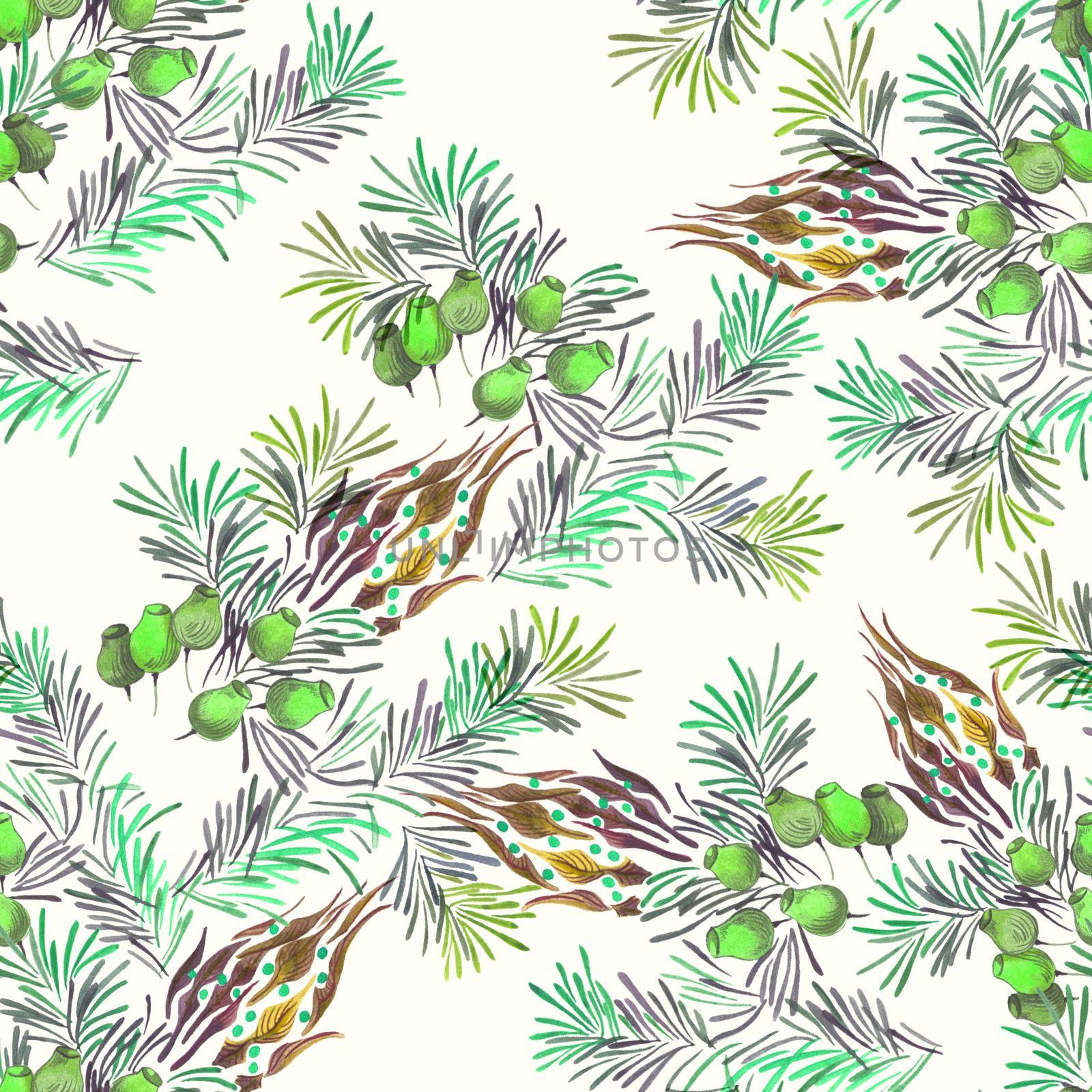 Evergreen pine fir branches of christmas tree with cones and flowers decorative seamless pattern watercolor illustration