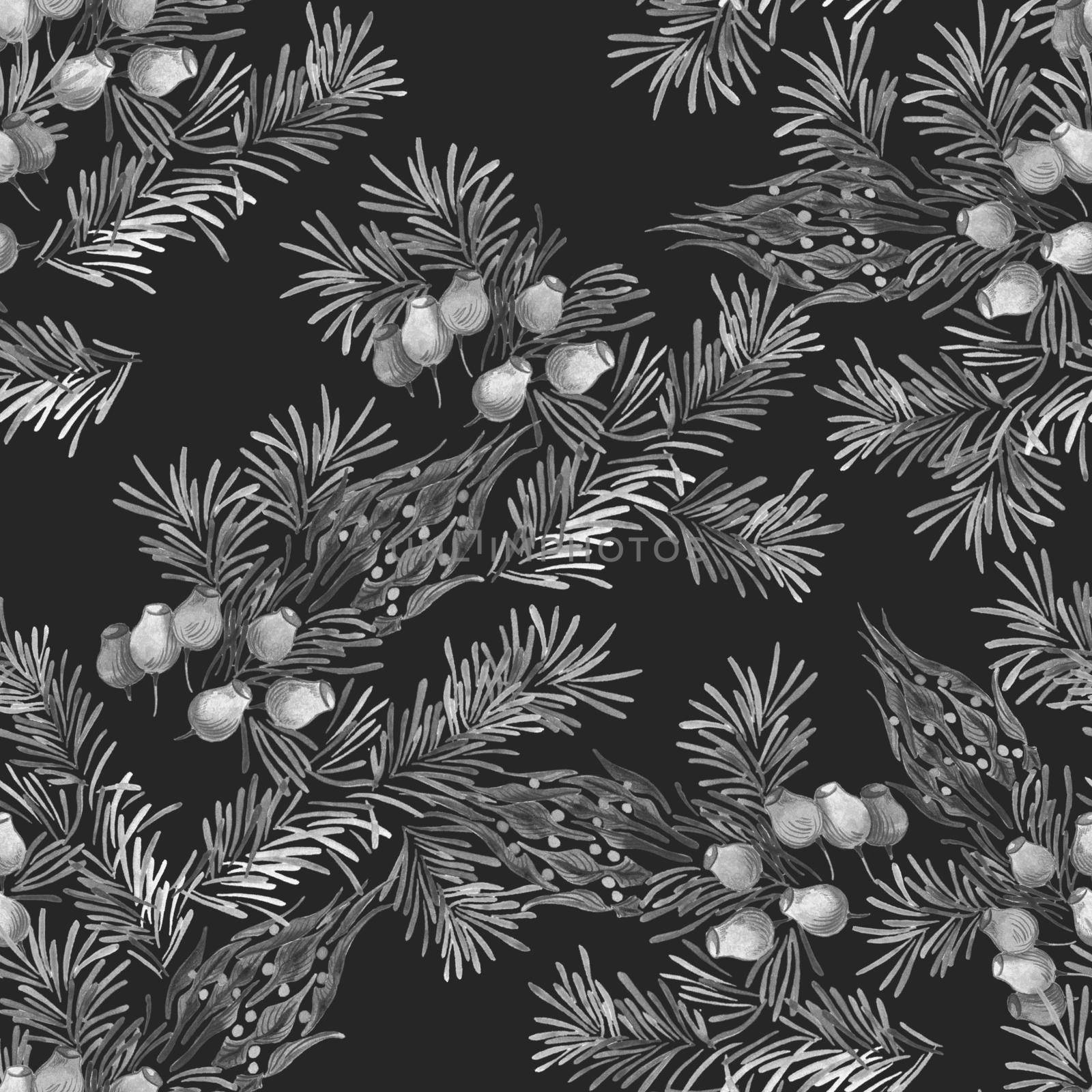 Seamless pattern of pine fir branches of Christmas tree with cones and flowers decorative design element by fireFLYart