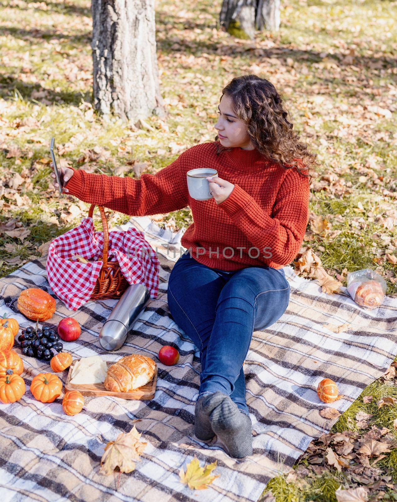 Beautiful woman in red sweater on a picnic in a autumn forest using mobile by Desperada