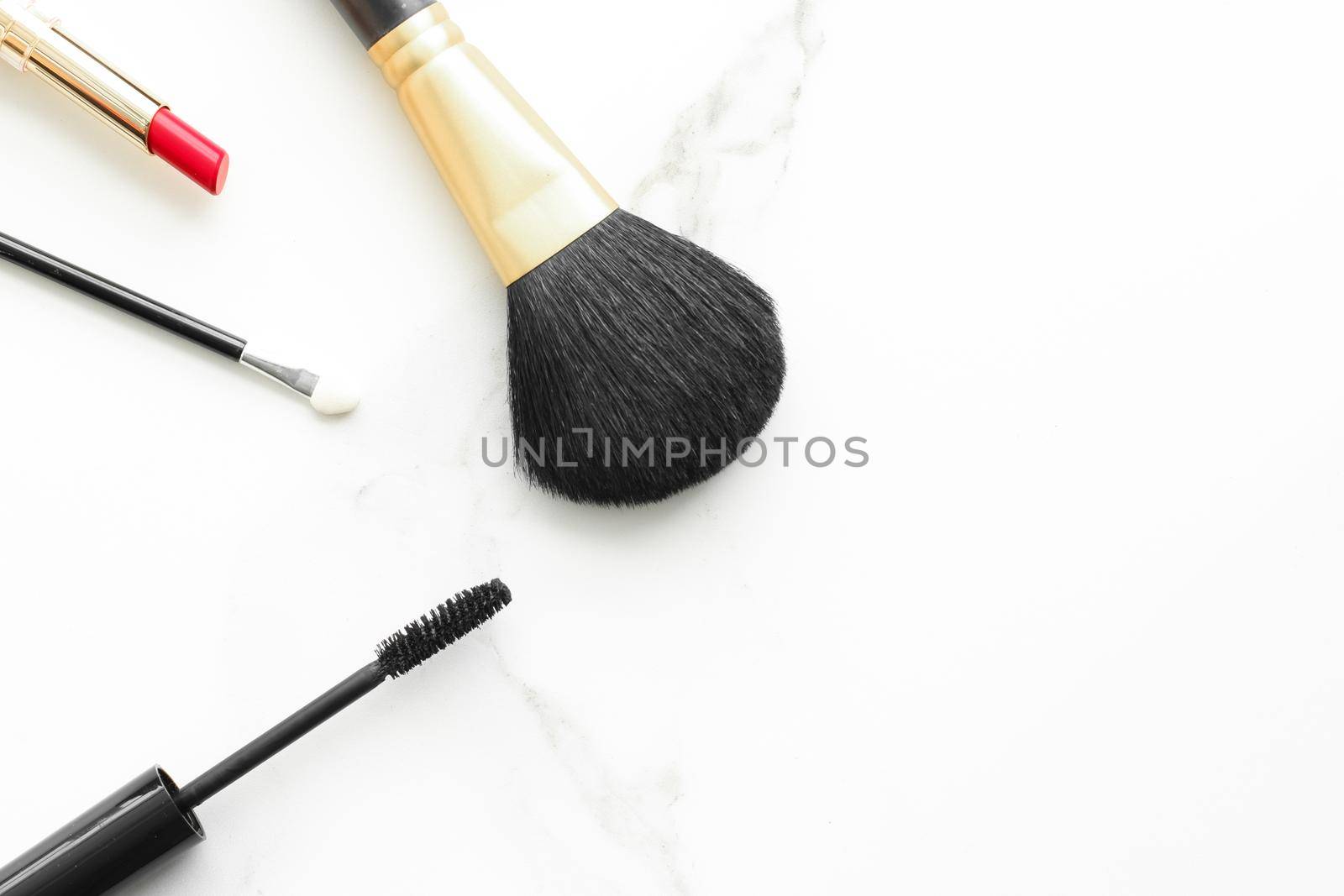 Make-up and cosmetics on marble, flatlay - modern feminine lifestyle, vlog background and styled stock concept. Beauty inspiration in a fashion blog