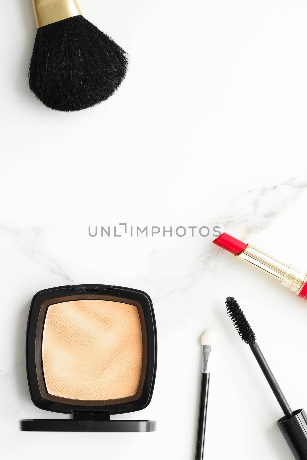 Make-up and cosmetics on marble, flatlay - modern feminine lifestyle, vlog background and styled stock concept. Beauty inspiration in a fashion blog