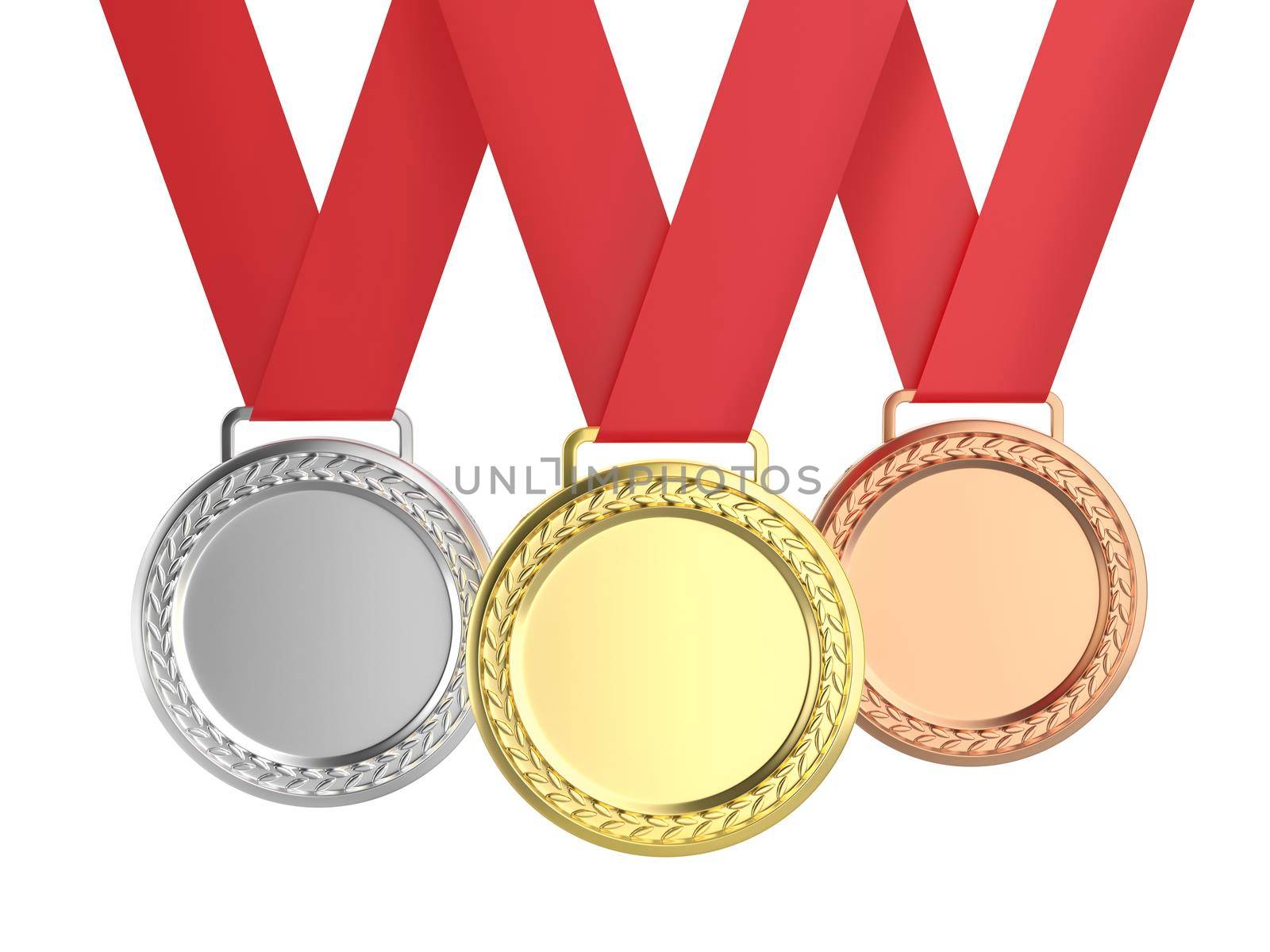 Gold, silver and bronze medals, isolated on white background. Front view