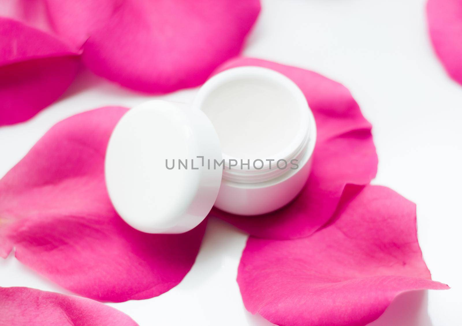 beauty cream jar and rose petals - cosmetics with flowers styled concept, elegant visuals