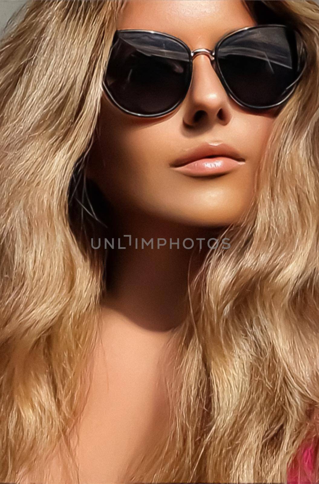 Luxury fashion, travel and beauty face portrait of young blonde woman, wearing chic sunglasses, suntanned skin and long beach waves hairstyle, summer accessory and glamour style concept