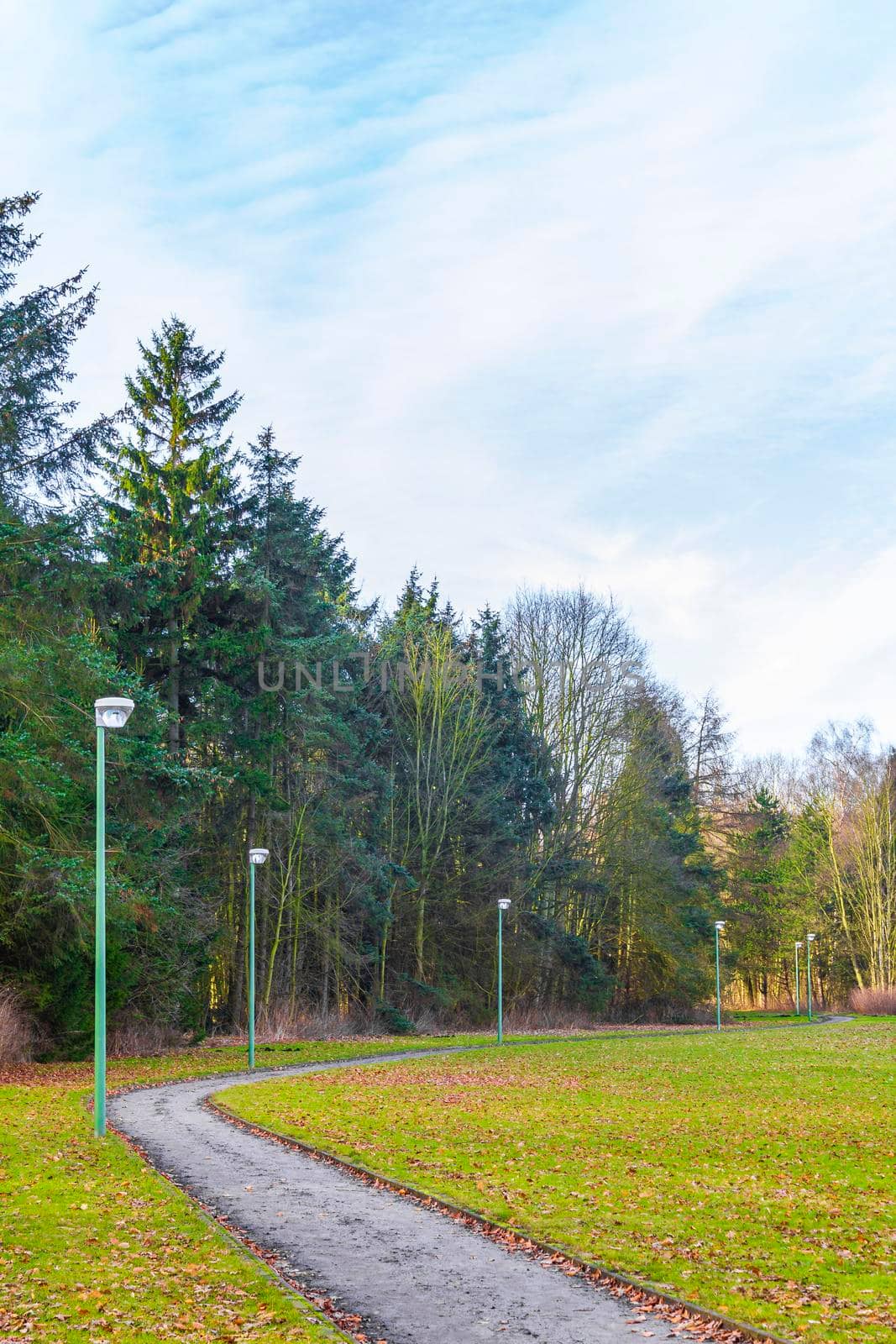 Natural beautiful panorama view with lake river walking pathway and green plants trees in the forest of Speckenbütteler Park in Lehe Bremerhaven Germany.