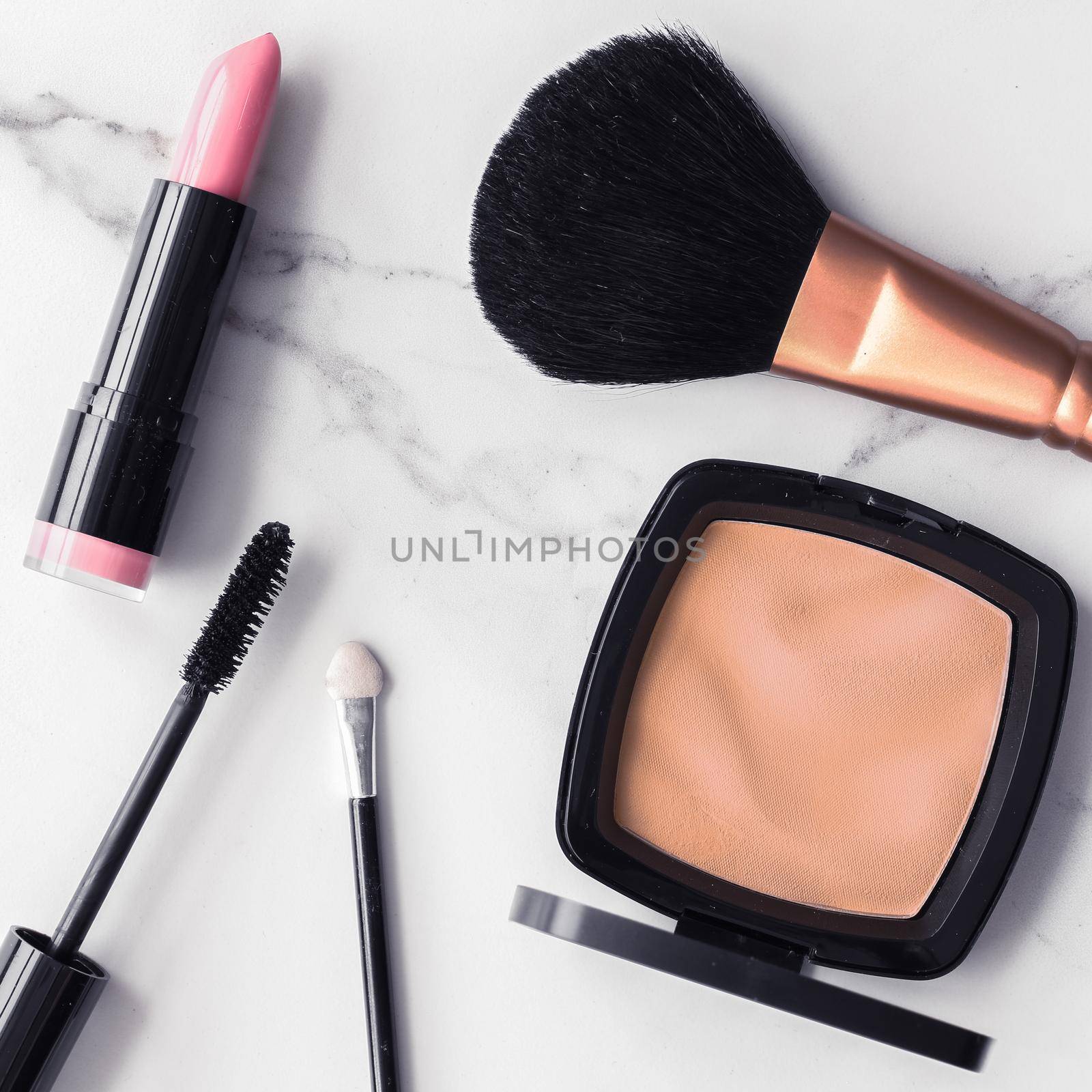 Modern feminine lifestyle, blog background and styled stock concept. Beauty and fashion inspiration - Make-up and cosmetics flatlay on marble