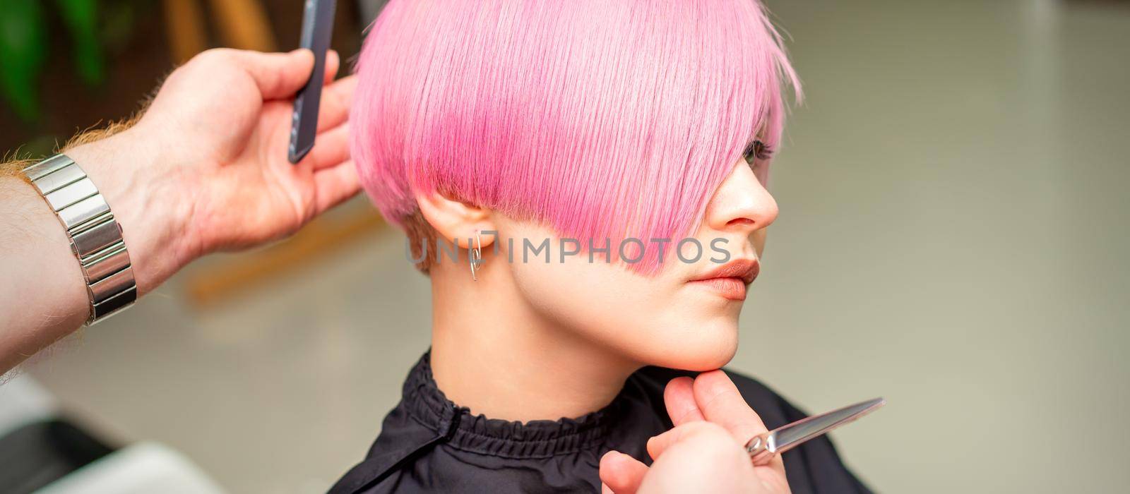 Male hairdresser makes short pink hairstyle for a young caucasian woman in a beauty salon