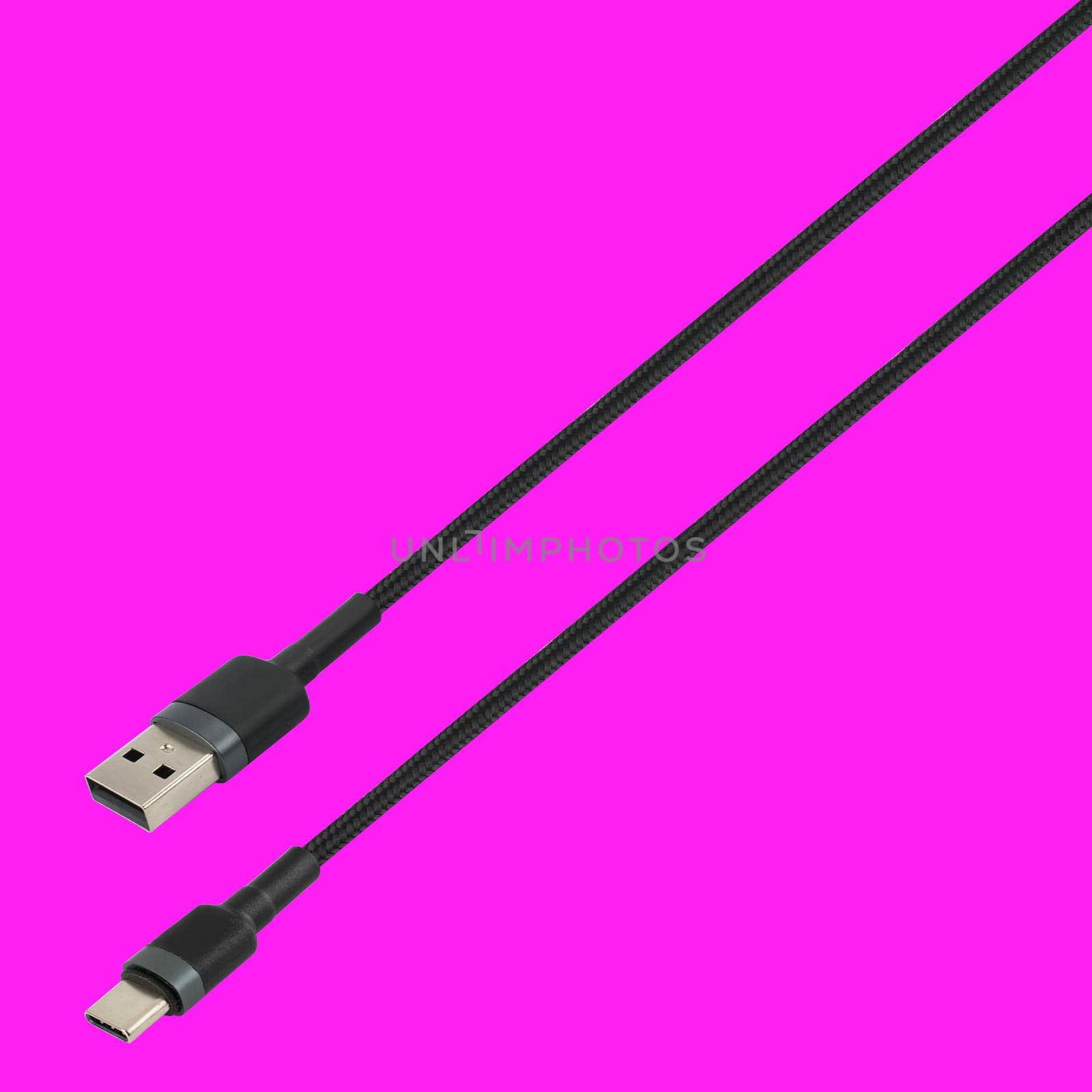 Cable with USB and Type-C connector, on white background