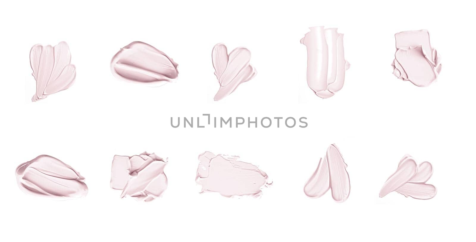 Pastel beige beauty swatches, skincare and makeup cosmetic product sample texture isolated on white background, make-up smudge, cream cosmetics smear or paint brush stroke closeup