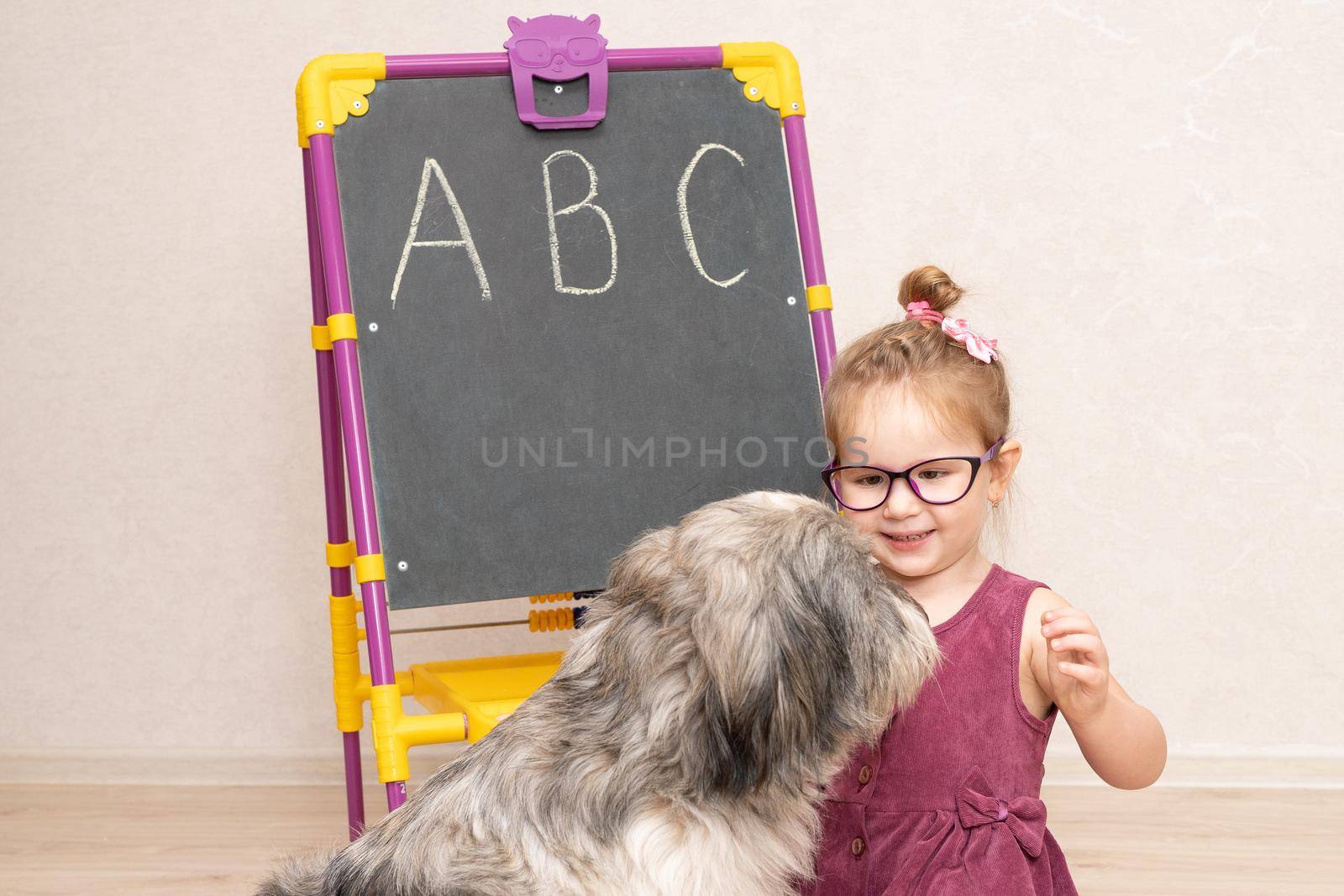 a little girl teacher in a dress and glasses sits on the floor near the blackboard and shows students the letters A B C of the alphabet. by olex