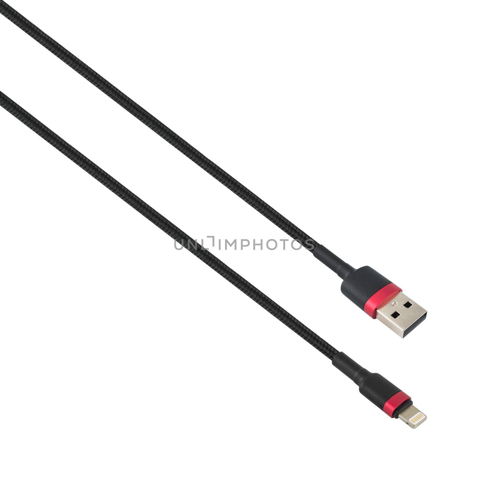 Cable with USB and Lightning connector, on white background