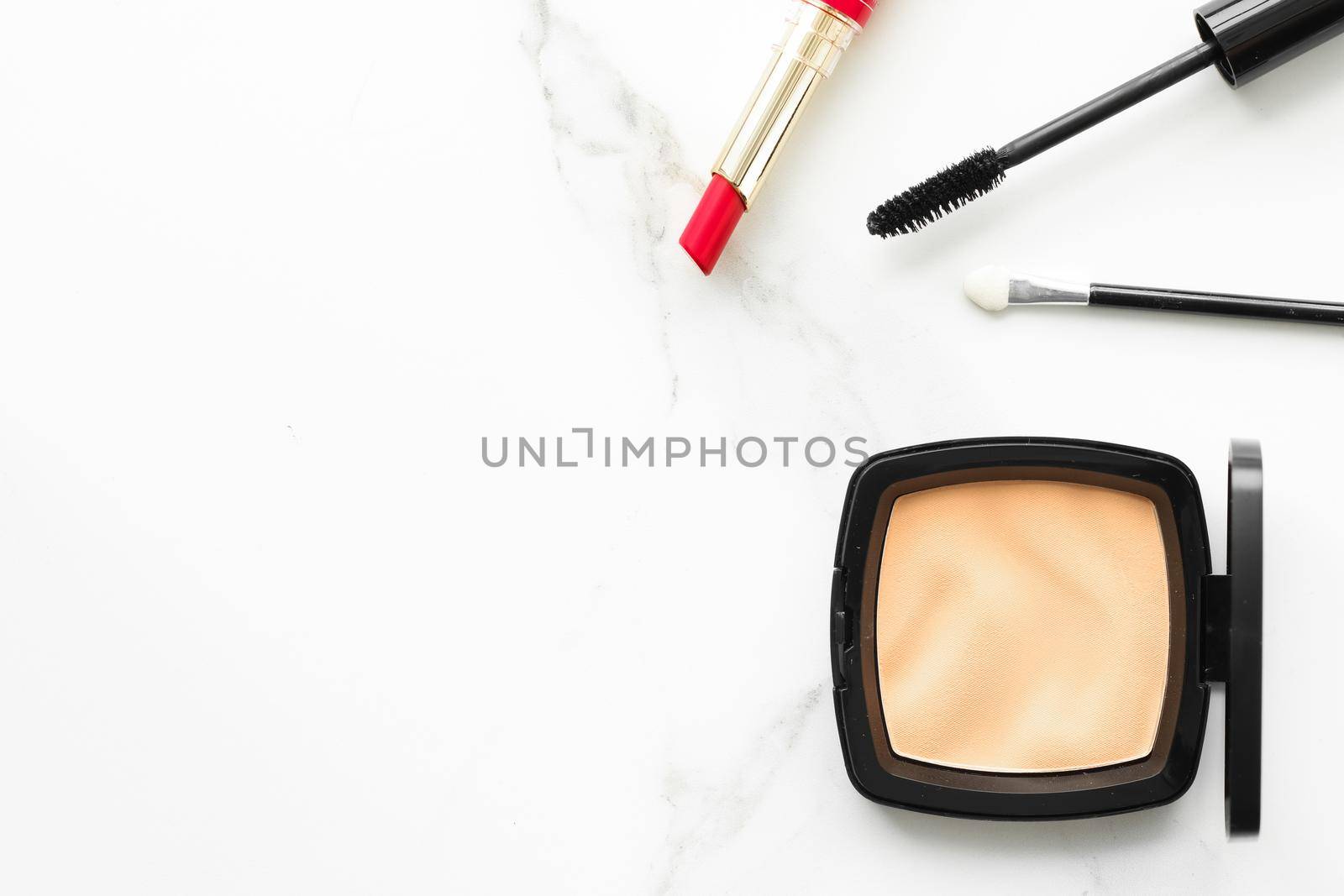 Make-up and cosmetics on marble, flatlay - modern feminine lifestyle, vlog background and styled stock concept. Beauty inspiration in a fashion blog