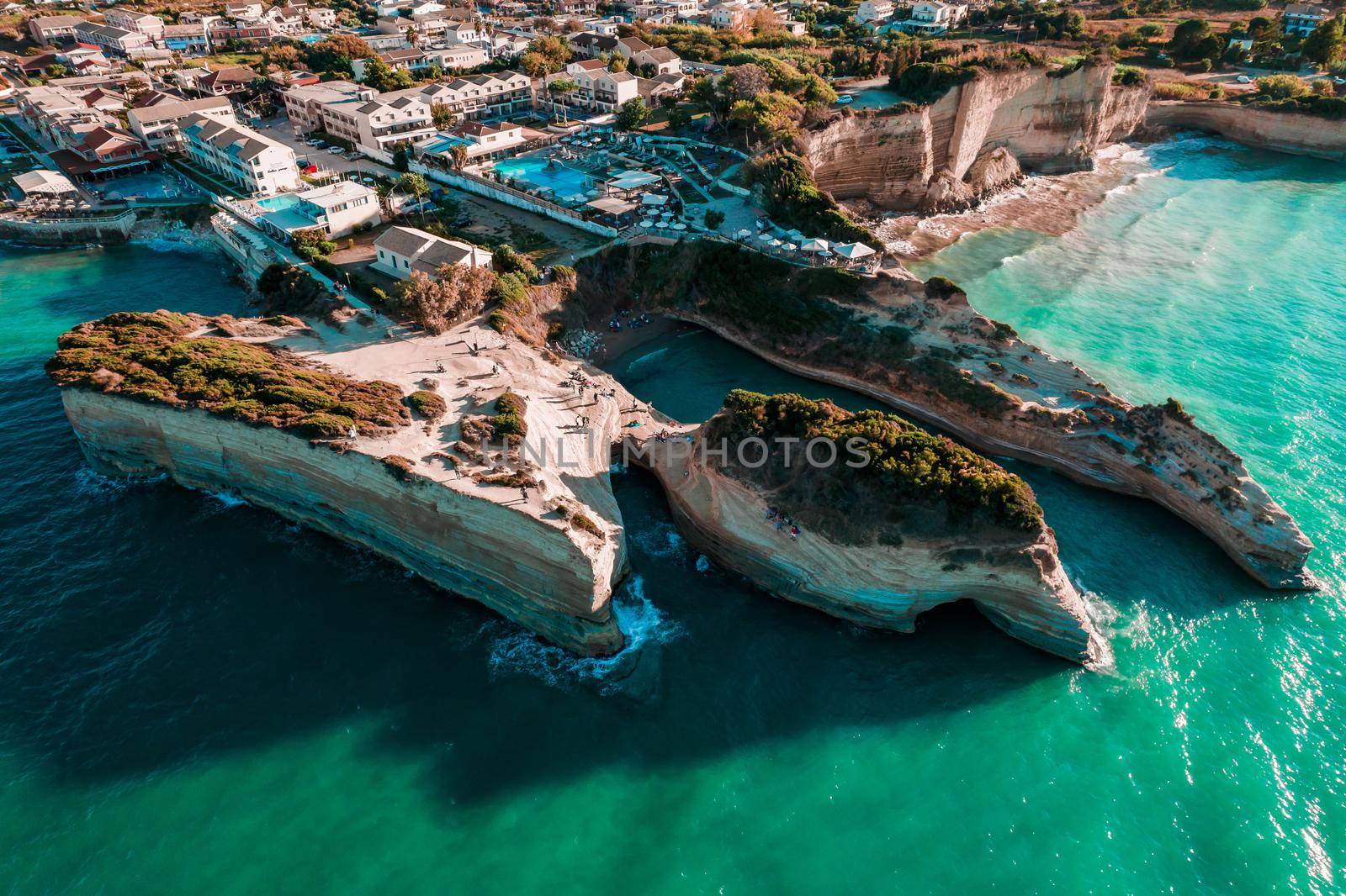 Canal D'Amore - Sidari, The channel of Love. Aerial drone view to paradise beach with azure blue sea water. Corfu island, Greece. High quality photo