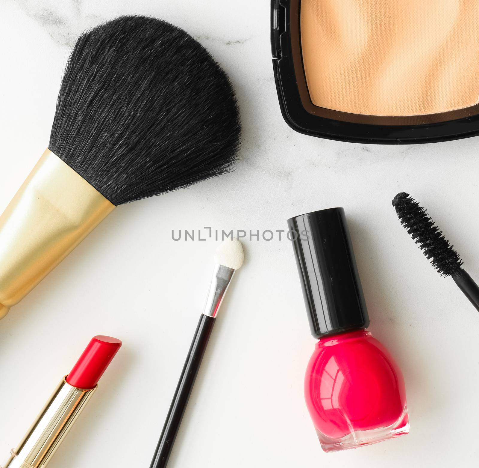 Make-up and cosmetics on marble, flatlay - modern feminine lifestyle, vlog background and styled stock concept. Beauty inspiration in a fashion blog