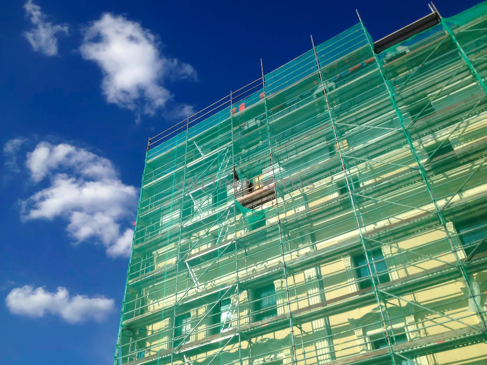 Construction scaffolding of a building under renovation.