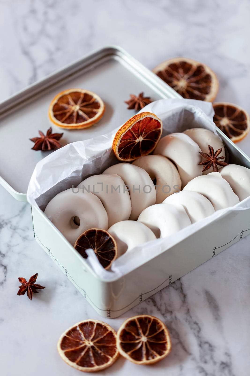 rousquilles, french and spanish traditional sweet dessert, packed in a gift box, side view, closeup