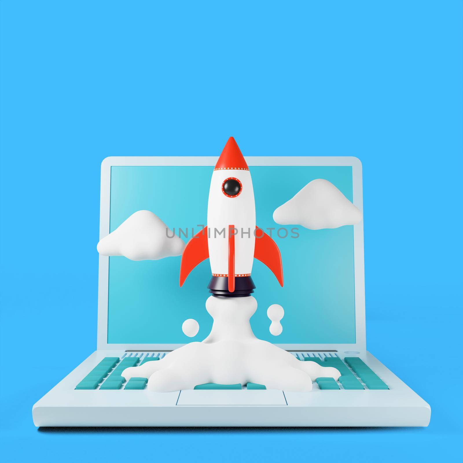 3d render Laptop with rocket launch. business technology design illustration