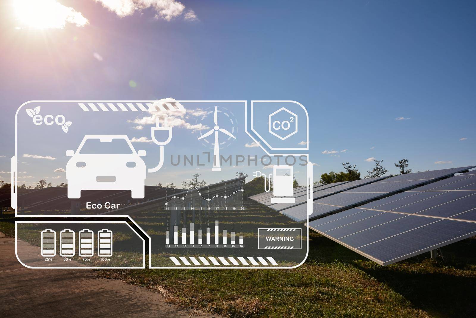 Eco green energy technology transport. solar panels on sunny day with environment Icons for charging electric car power or EV car, photovoltaic alternative electricity source