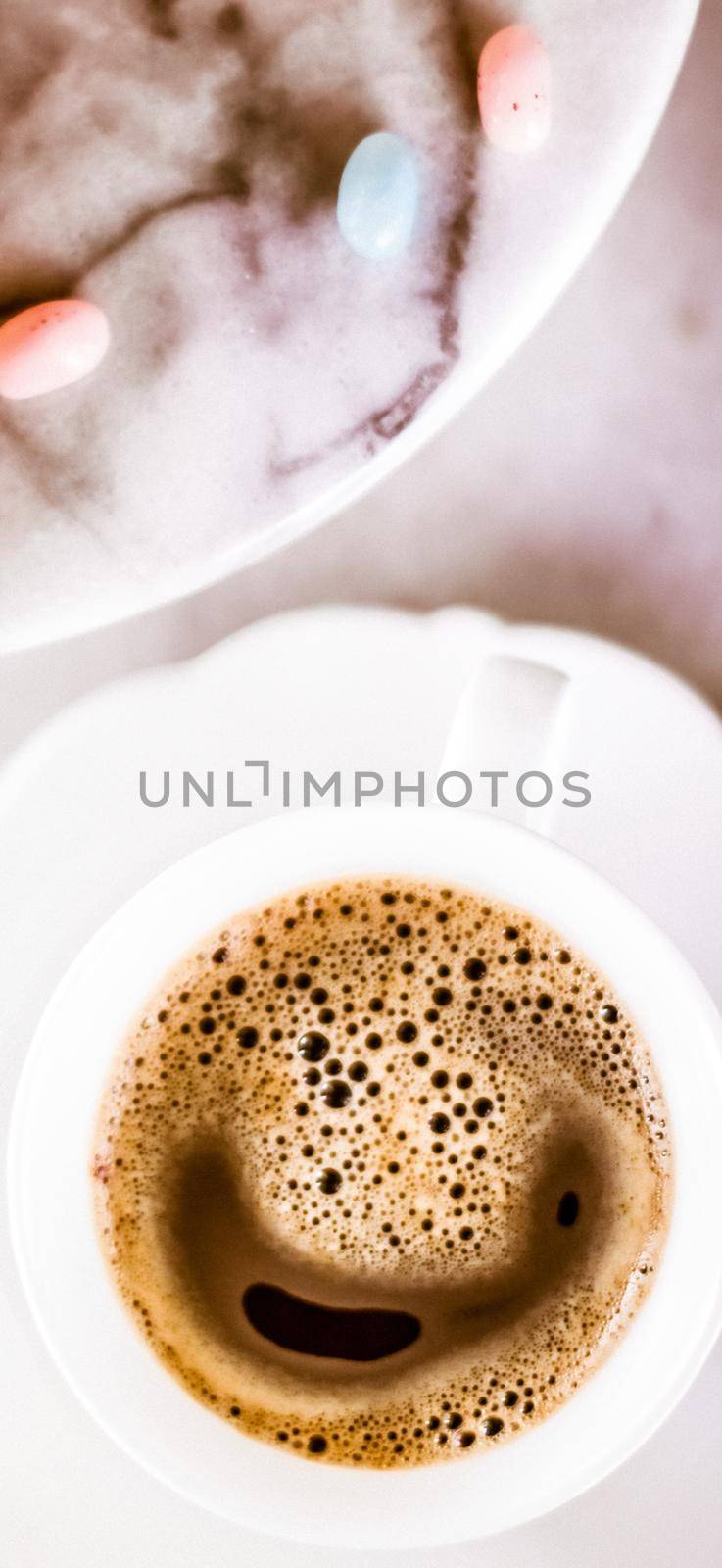 Vintage cup of flavored espresso, flatlay - perfect breakfast and feminine styled concept. I love my morning coffee