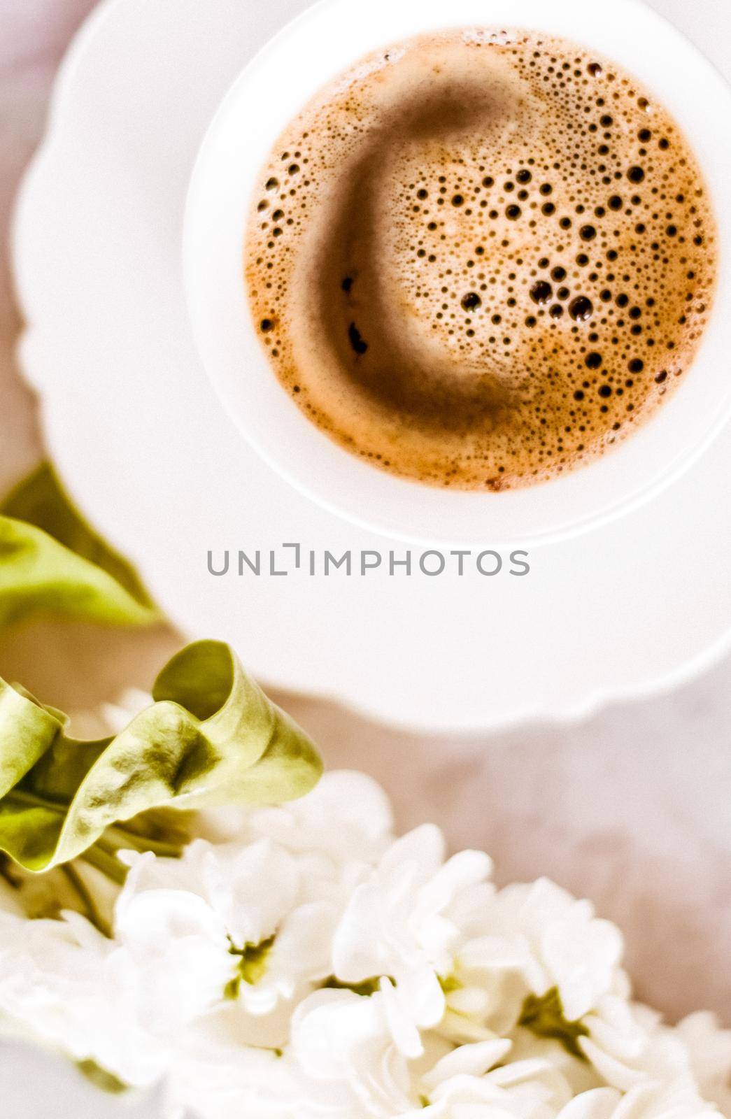 Vintage cup of flavored espresso, flatlay - perfect breakfast and feminine styled concept. I love my morning coffee