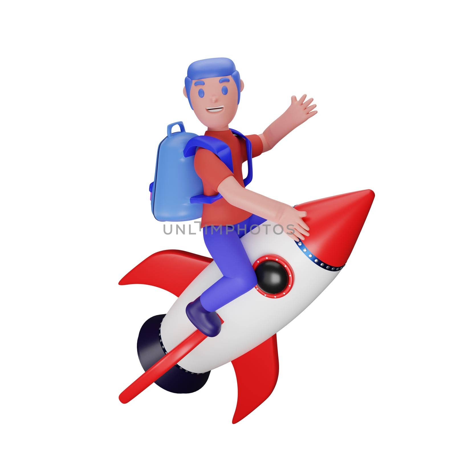 3d rendering of a character riding a rocket with a back to school concept