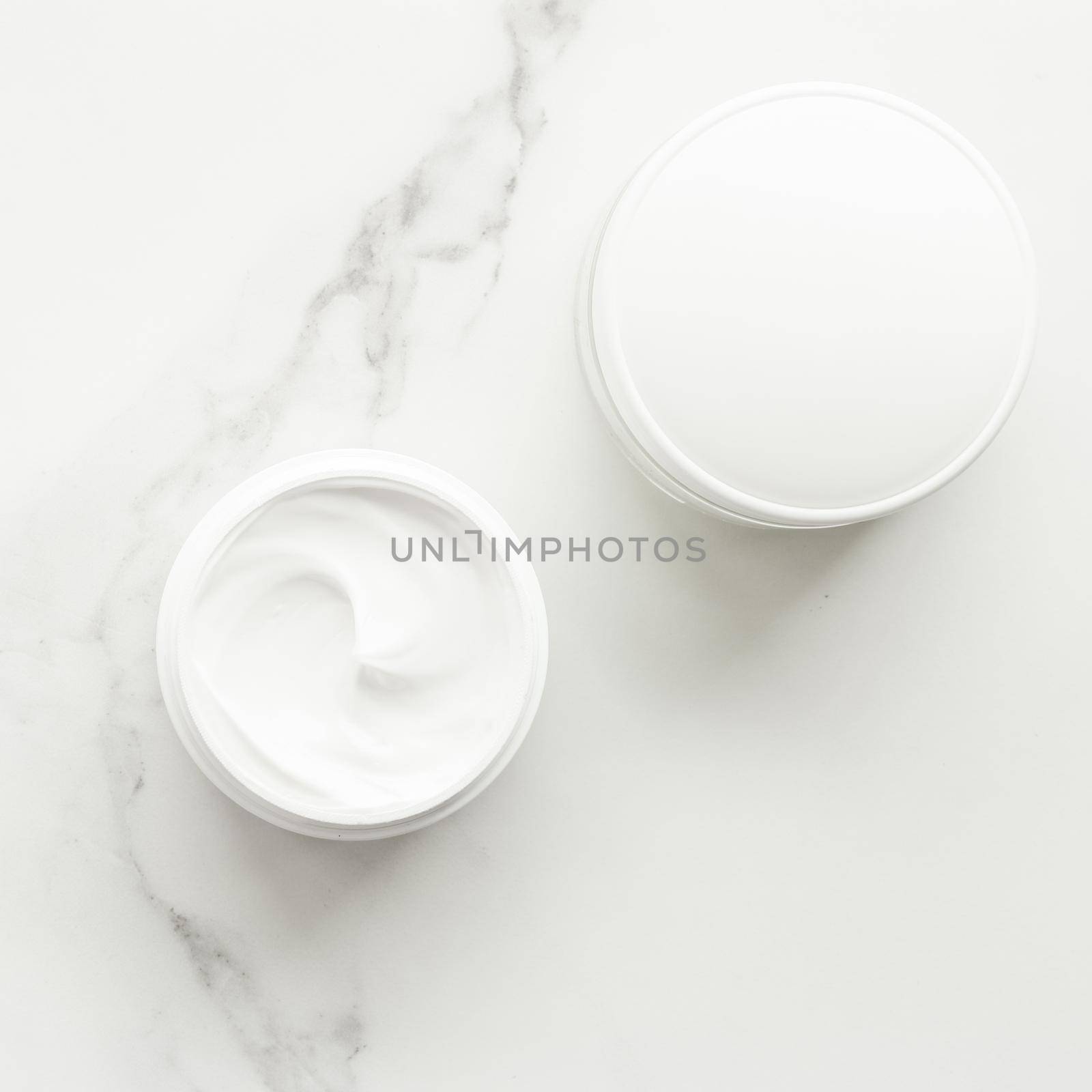 All-natural emulsion cream on marble, flatlay - skincare and body care, luxury spa and clean cosmetic concept. Time for organic beauty treatment