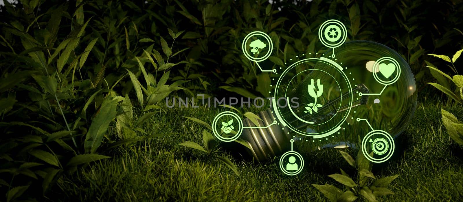 Lightbulb ESG sustainable development with icons of renewable energy and natural resources preservation with environment protection 3d Illustration by yay_lmrb