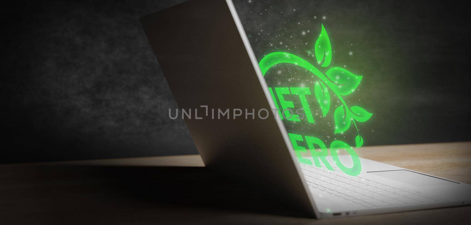 Net Zero leaf icon glowing like a hologram in laptop 3D Render by yay_lmrb