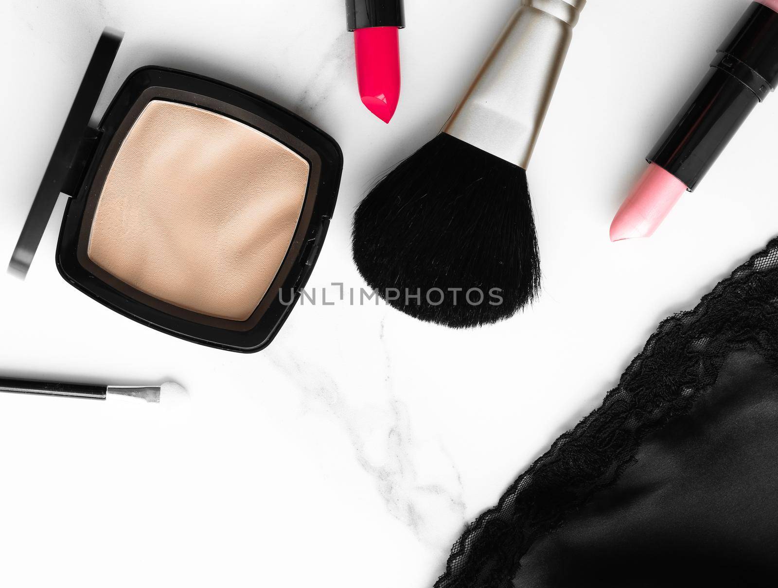 Make-up and cosmetics on marble, flatlay - modern feminine lifestyle, vlog background and styled stock concept. Beauty inspiration in a fashion blog