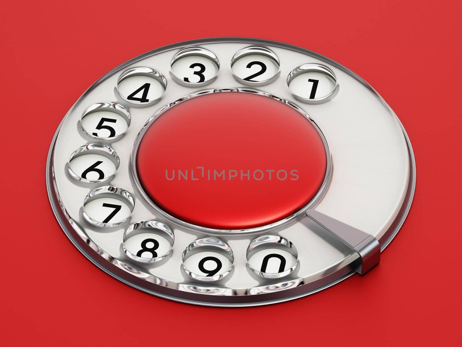 Red rotary dial of an analogue telephone. 3D illustration by Simsek