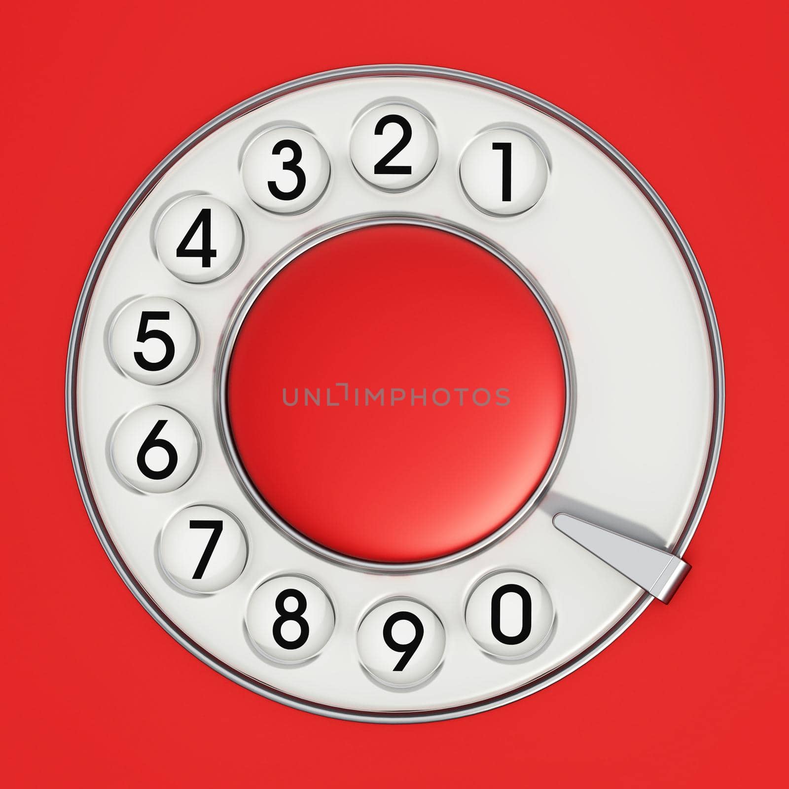 Red rotary dial of an analogue telephone. 3D illustration.