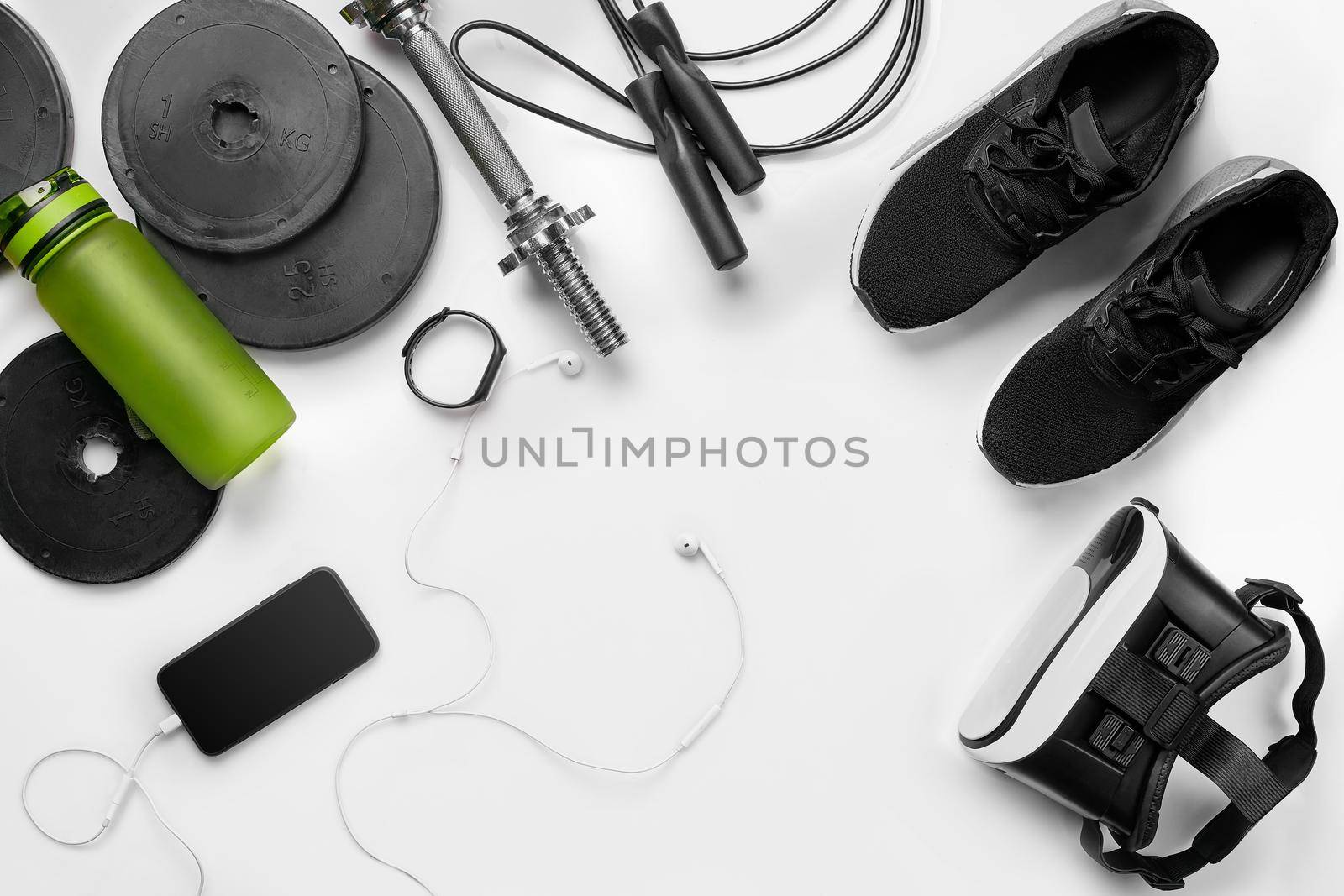 Sport background. Female sport shoes and equipment top view, copy space. by nazarovsergey