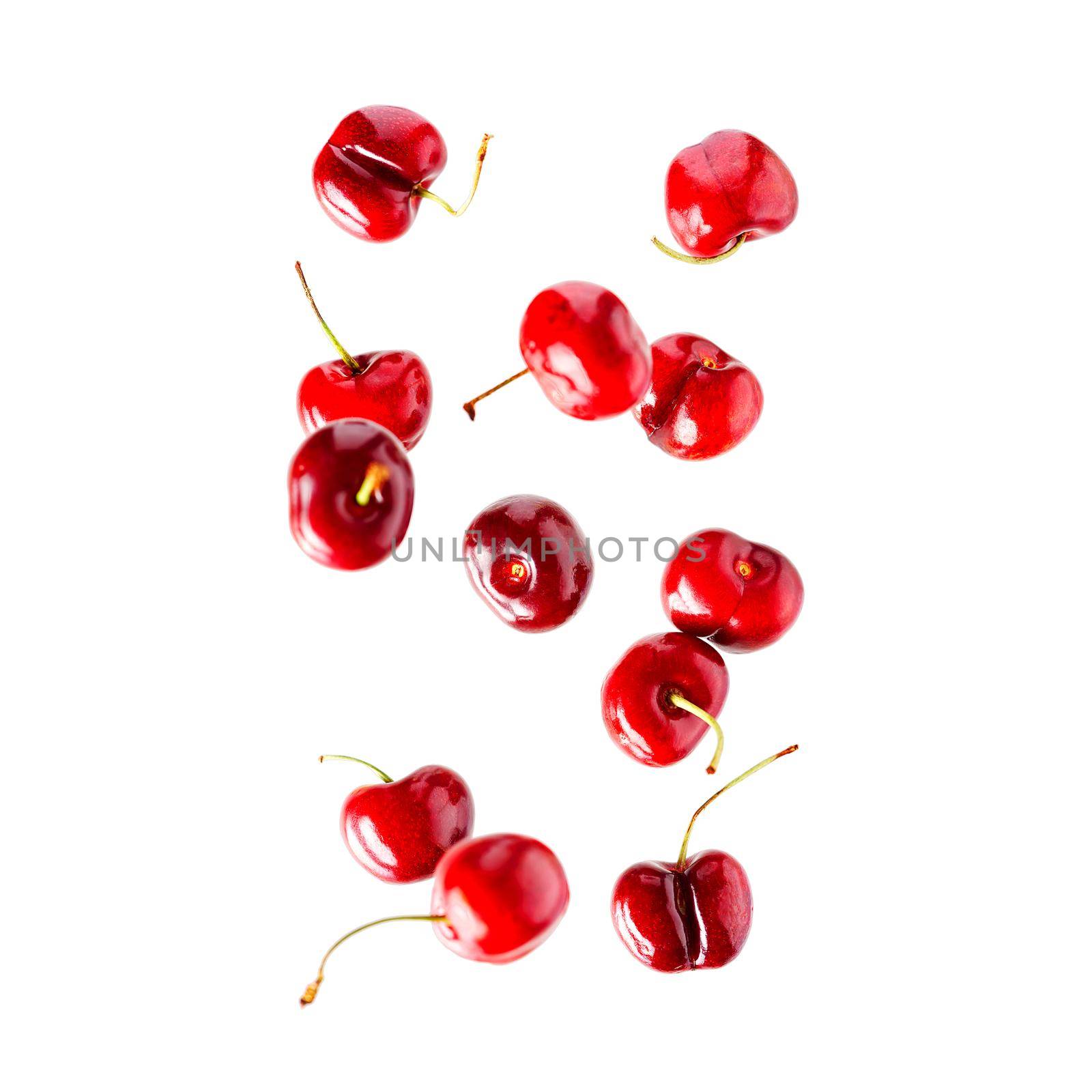 Set of falling ripe cherries. Banner design. Flying fruit as package design element. by PhotoTime