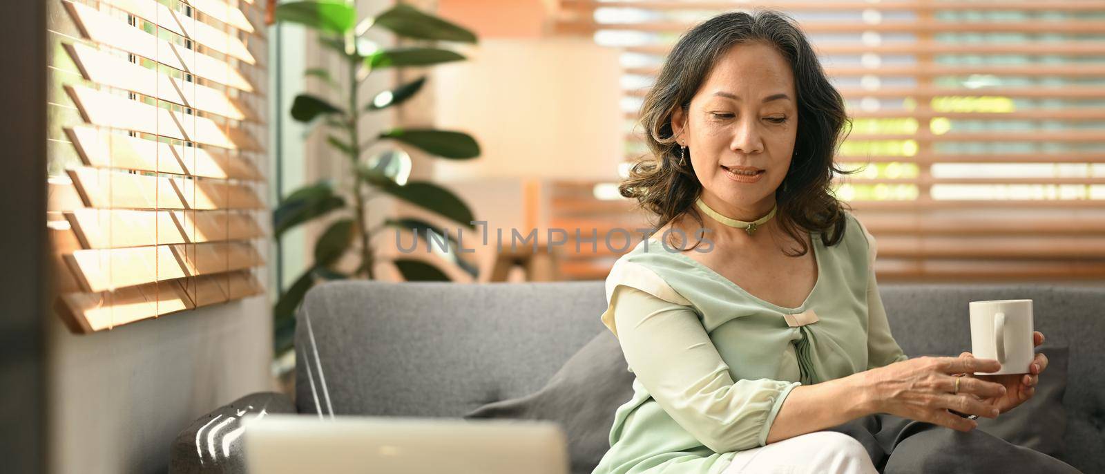 Retired lady relaxing on comfortable couch drinking herbal tea, enjoy stress free peaceful mood at the morning at home.