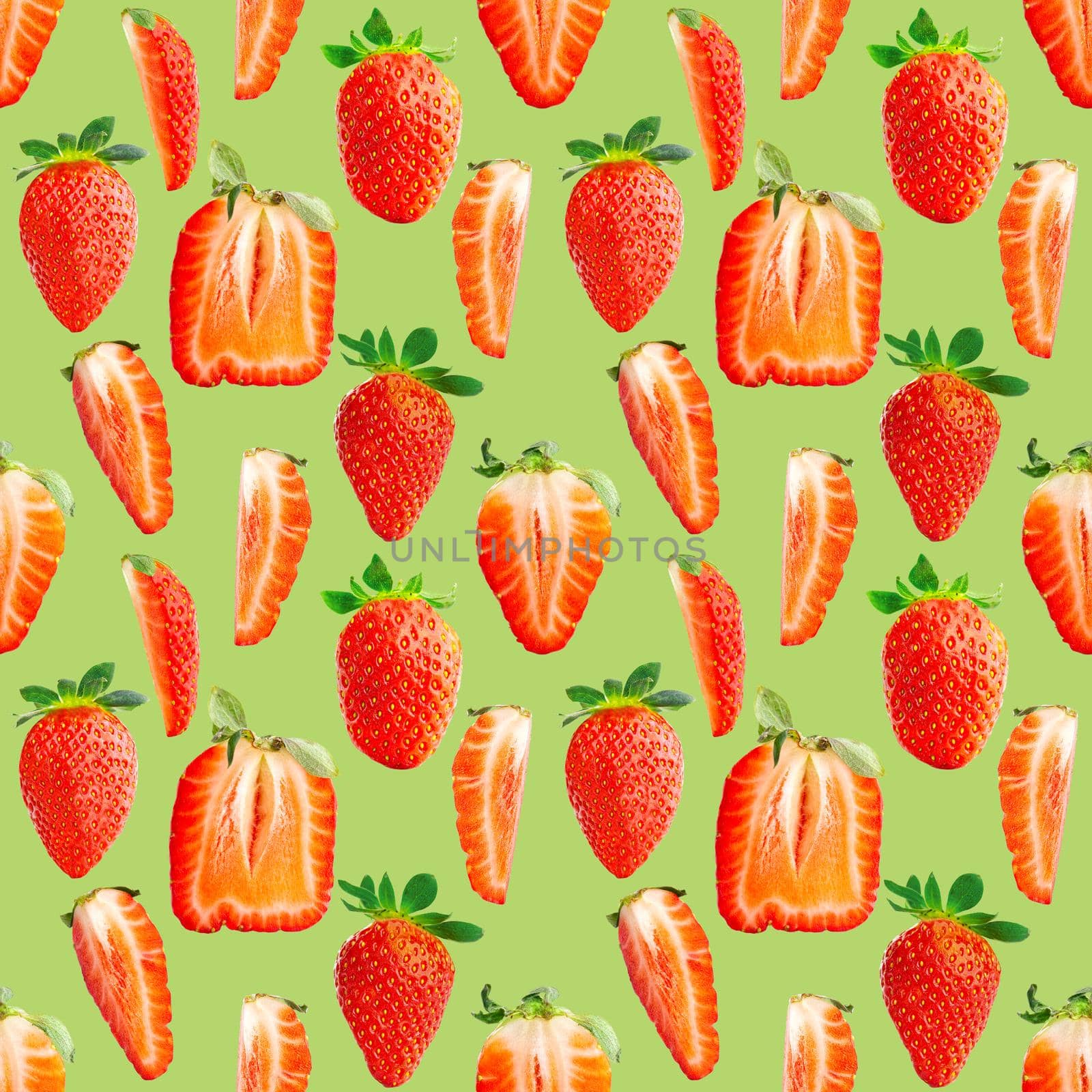 Strawberry seamless pattern. Ripe strawberries isolated on green. package design background. by PhotoTime