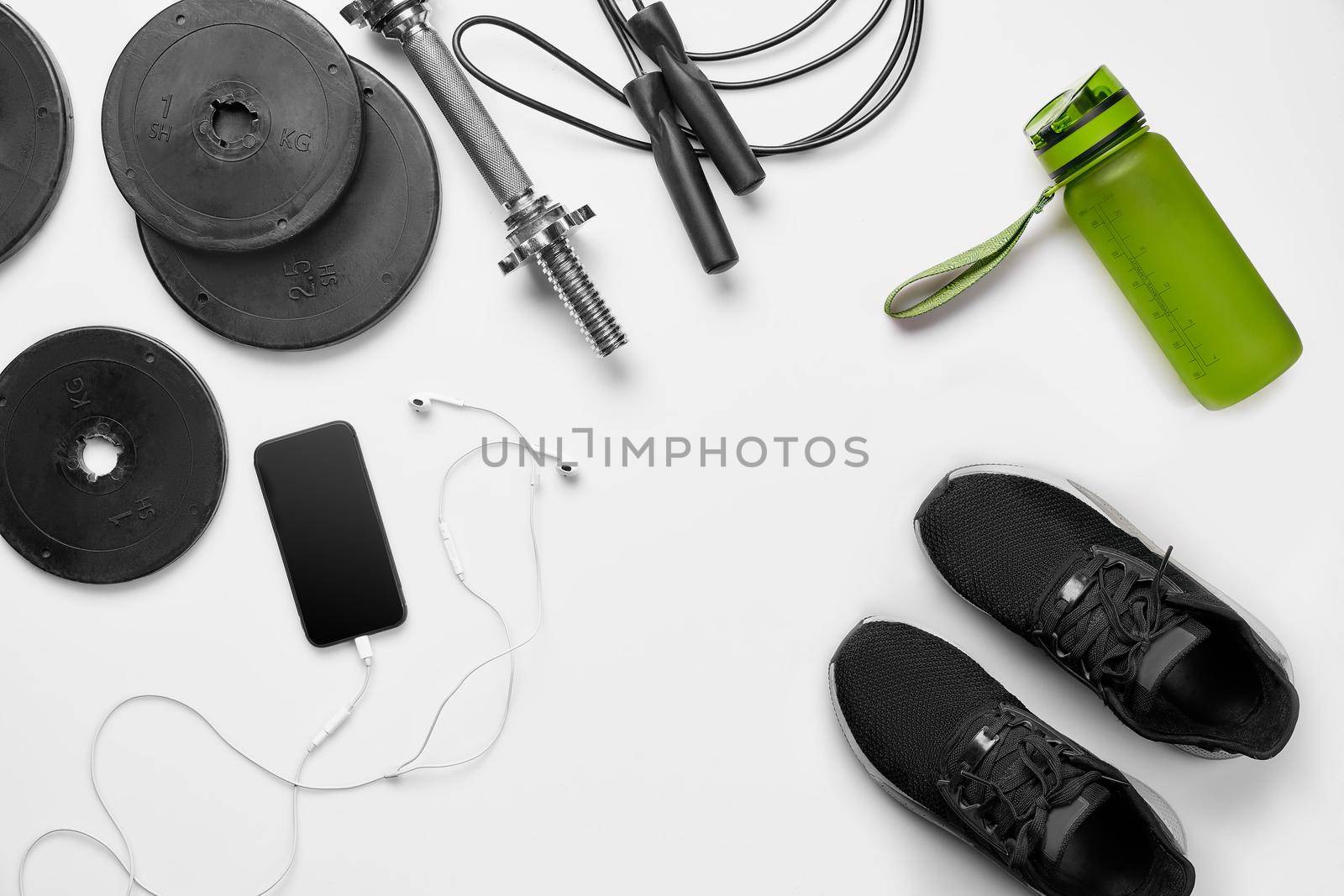 Sport background. Female sport shoes and equipment top view, copy space. by nazarovsergey