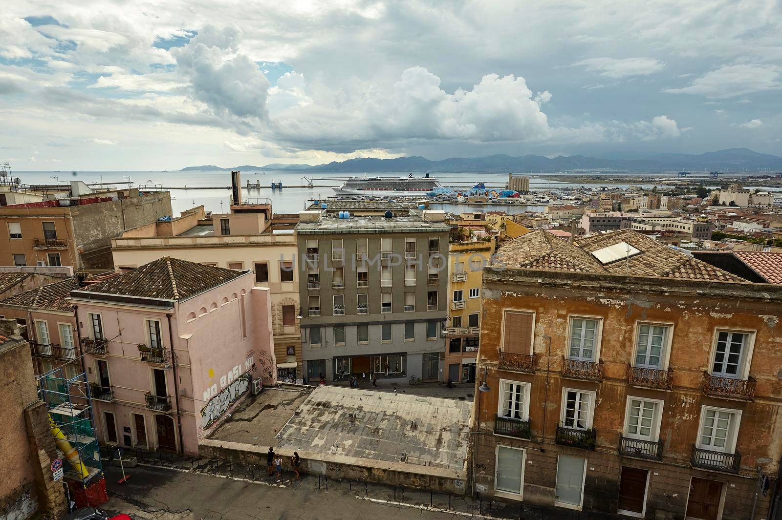 Top view of some decadent historical buildings of the city center of Cagliari in Sardinia.