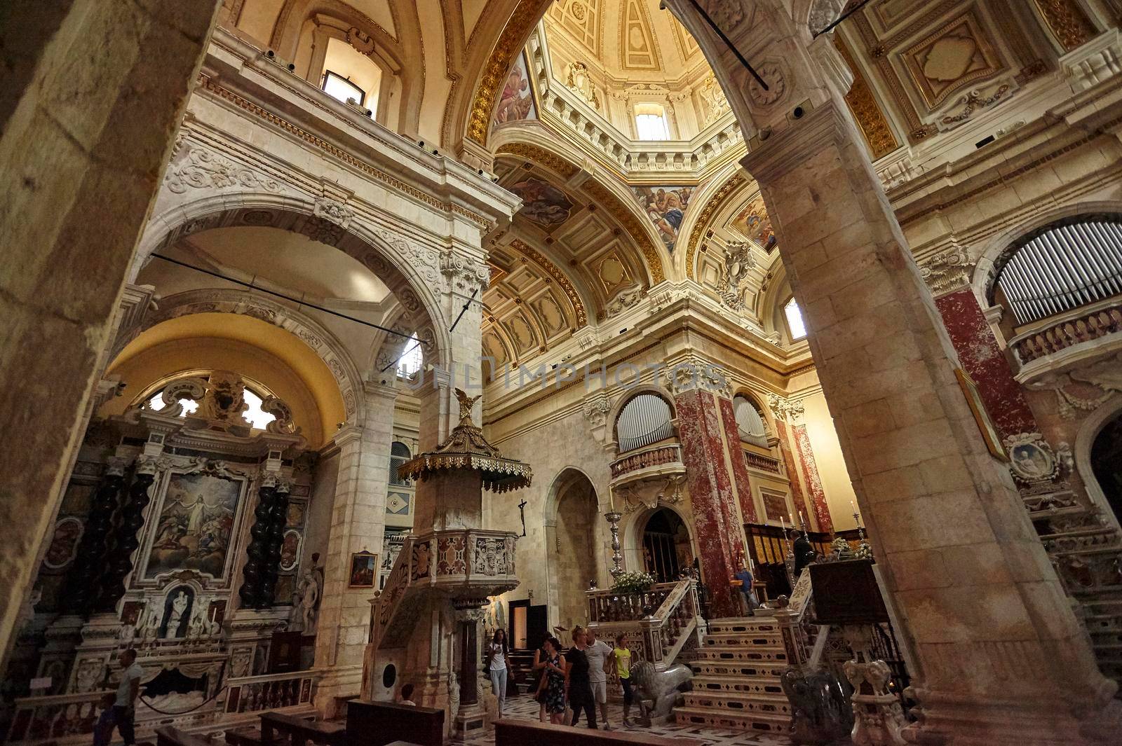 Interior of a Catholic church of Cagliari with its particular architecture and decorations.