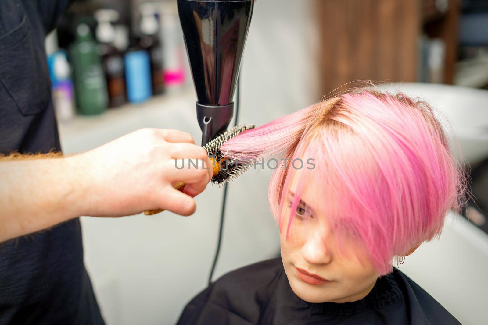 Hairdresser dries pink hair of the young woman in a beauty salon