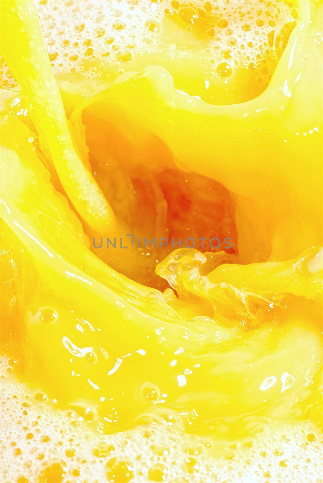 Closeup of splashing orange juice, top view. Splash of fresh sweet orange, mango, fruit juice. Freeze motion of pouring orange juice .