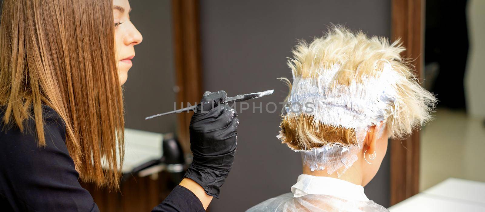 Female hairdresser dyeing short blonde hair of a young woman in a hair salon