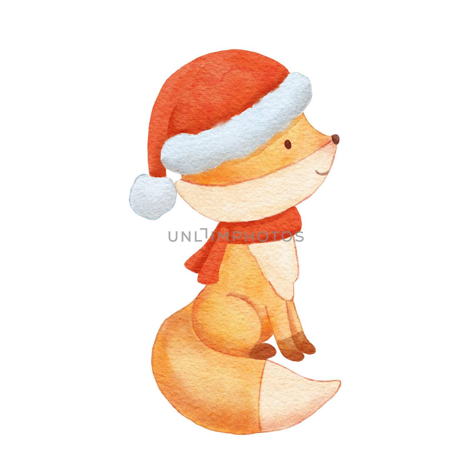 Watercolor Baby fox character with winter scarf and hat. Hand drawn cute woodland animal. Cartoon illustration isolated on white.